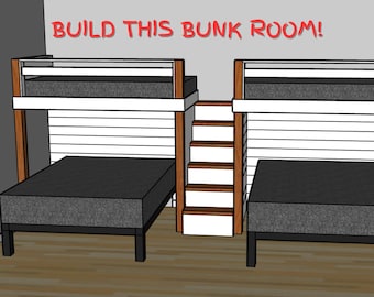 May include: A 3D rendering of a bunk bed room with two sets of bunk beds, a white wooden ladder, and a white wood panel wall. The text "BUILD THIS BUNK ROOM!" is written in red at the top of the image.