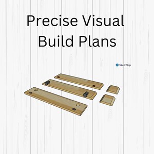 May include: Diagram of wooden pieces for a DIY project. The pieces are labeled with circles and squares. The diagram is titled "Precise Visual Build Plans" and includes the logo for SketchUp.