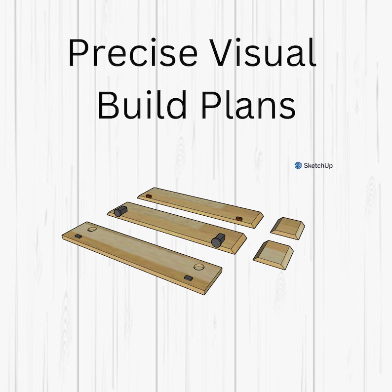 May include: Diagram of wooden pieces for a DIY project. The pieces are labeled with circles and squares. The diagram is titled "Precise Visual Build Plans" and includes the logo for SketchUp.