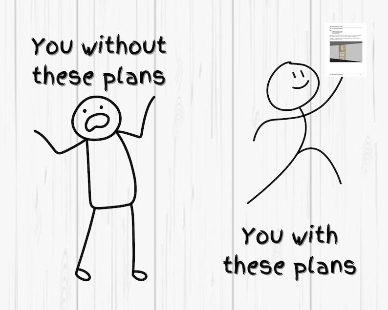 May include: A stick figure illustration comparing someone without plans to someone with plans. The person without plans looks distressed, while the person with plans is smiling and holding a document labeled "Plans".