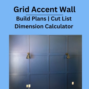 May include: A blue accent wall with a grid pattern, featuring two gold wall sconces and two white electrical outlets. The wall is divided into nine squares.