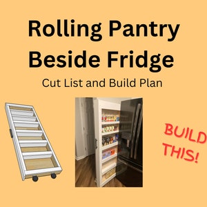 Pode incluir: Uma despensa branca com rodas e prateleiras para guardar alimentos e suprimentos. A despensa está ao lado de um refrigerador preto. O texto "BUILD THIS!" está em letras vermelhas sobre um fundo branco.