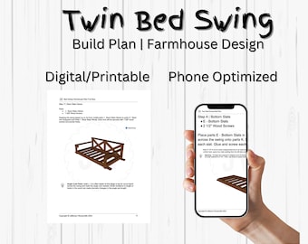 May include: A digital printable plan for building a twin bed swing. The plan includes instructions and diagrams for assembling the swing, which is made of wood. The plan is phone optimized, making it easy to view on a mobile device.