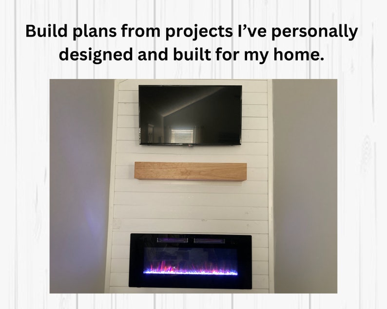 May include: A white shiplap wall with a black flat screen TV mounted above a wooden shelf. Below the shelf is a black electric fireplace with a realistic flame effect.