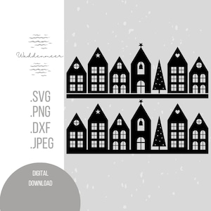 Villaggio di Natale Case Scandinave Nordic Cottages Chiesa Abete Skandi Fila di case Cuore Stella png svg dxf jpeg File plotter di Natale