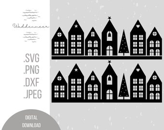 Christmas village houses Scandinavian Nordic cottages church fir tree Scandi row of houses heart star png svg dxf jpeg Christmas plotter file