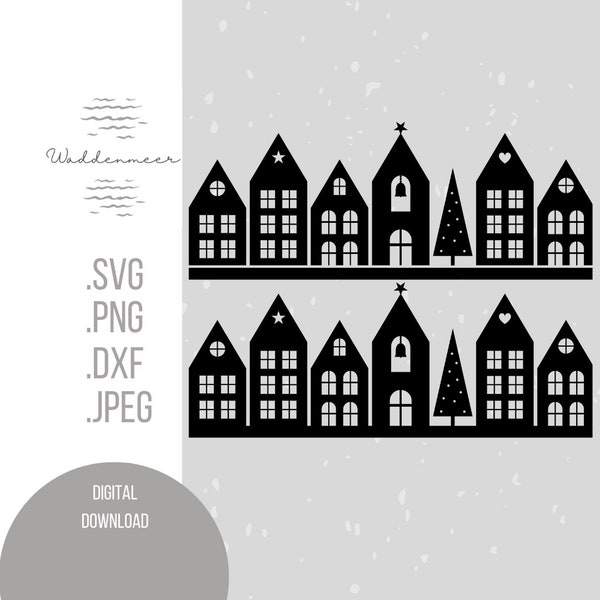 Christmas Village Houses Scandinavian Nordic Cottages Church Fir Skandi Row of Houses Heart Star png svg dxf jpeg Christmas plotter file