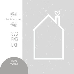 Könnte beinhalten: Eine weiße Umrandung eines Hauses mit einem herzförmigen Schornstein auf einem grauen Hintergrund mit weißen Flecken. Der Text "SVG, PNG, DXF" und "DIGITALER DOWNLOAD" ist ebenfalls im Bild enthalten.