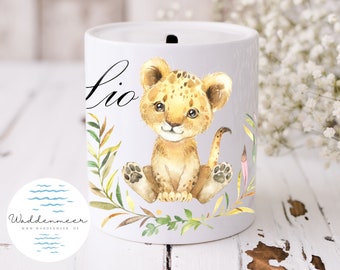 Hucha de león personalizada, de cerámica, ideal como regalo para nacimiento o nacimiento, para ahorrar dinero, con nombre para niña o niño.