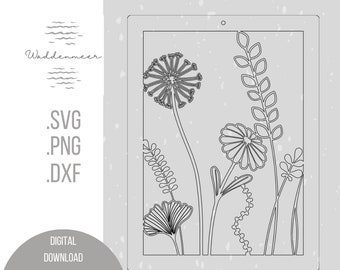 May include: Black and white line art illustration of a floral arrangement with five different flowers and leaves. The flowers are stylized and have a simple design. The illustration is framed in a rectangle.