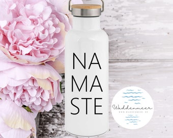 Yoga Trinkflasche Namaste Yogi Edelstahl Bambus Geschenk 500ml Thermosflasche Geschenkidee Wasserflasche Leben Sport Meditation Schriftzug