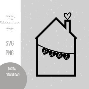 Puede incluir: Ilustración en blanco y negro de línea de arte de una casa con un corazón en la chimenea y una pancarta que dice "MAMA" colgando del techo.