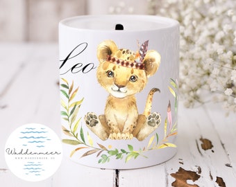 Caja de dinero personalizada león alcancía nombre cerámica regalo regalo idea nacimiento niño dinero dinero regalo nombre deseado niña niño pluma