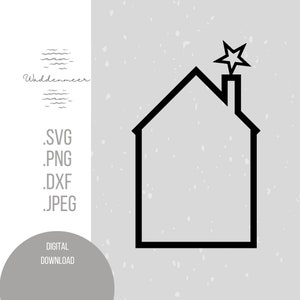 Op de afbeelding: Zwart-witte lijntekening van een huis met een ster bovenop de schoorsteen. Het huis is een eenvoudige geometrische vorm met een rechthoekig lichaam en een driehoekig dak.