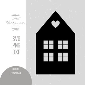 May include: Black silhouette of a house with four windows and a heart shape on the roof. The house is on a grey background with white speckles.