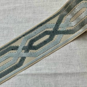 Cream, Light & French Blue Woven Velvet Embroidery Trim Tape 3.5&quot; Width H-1109/3 Upholstery / Drapery / Interior Design / Home Furnishings
