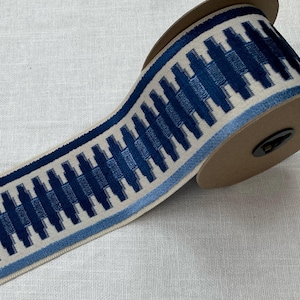 Cream & Navy Woven Velvet Embroidery Trim Tape 3.5&quot; Width H-1108/4 Upholstery / Drapery / Interior Design / Home Furnishing