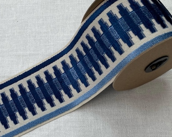 Cream & Navy Woven Velvet Embroidery Trim Tape 3.5" Width H-1108/4 Upholstery / Drapery / Interior Design / Home Furnishing