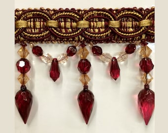 Antique Gold & Burgundy Crystal Beaded Tassel Fringe Trim 4"  TF-32/12-33 Drapery / Upholstery / Interior Design / home decor / By The Yard