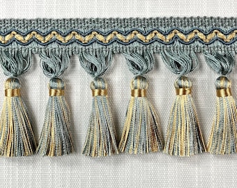 French Blue & Beige Tassel Fringe Trim 3.5&quot; Width TF-5/41-3 Drapery / Upholstery / Interior Design / Home Furnishing / Pillows / Bedding