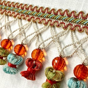 Rust, Turq, Green & Cream 3.75&quot; Onion and Crystal French Tassel Fringe Trim TF-79/35-44 Upholstery / Drapery / Interior Design