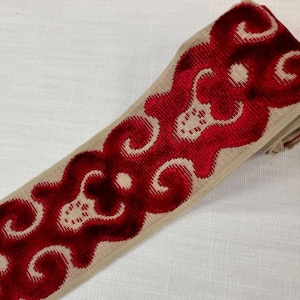 Beige & Red Woven Velvet Embroidery Trim Tape 3.5&quot; Width H-1106/5 Upholstery / Drapery / Interior Design / Home Furnishing