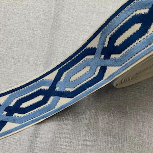 Cream, Navy & French Blue Woven Velvet Embroidery Trim Tape 3.5&quot; Width H-1109/4 Upholstery / Drapery / Home Furnishing / Interior Design