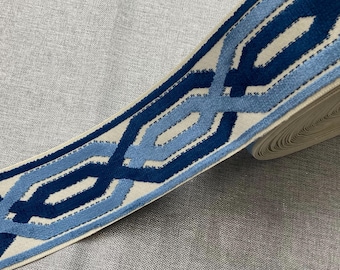 Cream, Navy & French Blue Woven Velvet Embroidery Tape 3.5" Wth Trim H-1109/4 Upholstery / Drapery / Luxury Interior Design / Designer Trim