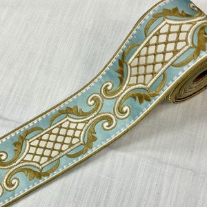 3.5&quot; Turquoise, Champagne & Cream Silk French Embroidered Trim Tape H-179209 Upholstery / Drapery / Curtains / By the Yard