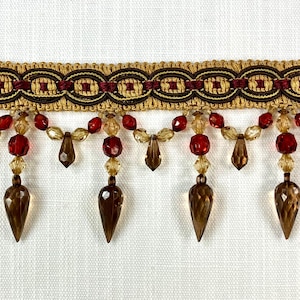 Burgundy , Light Brown & Loden Green Lucite Crystal Beaded Tassel Fringe Trim 4&quot; Width TF-32/33-7-17 Drapery / Upholstery / Interior Design