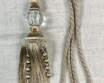 14&quot; Length Taupe & Creamy White Single Crystal Curtain Tassel Tieback SCTB-16/4-2 With Twisted Rope Cord Upholstery / Drapery / Curtains