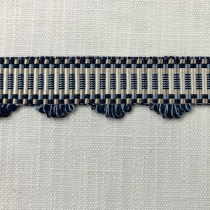 May include: Blue and cream patterned trim with a scalloped edge. The trim has a woven design with a repeating pattern of squares and stripes.