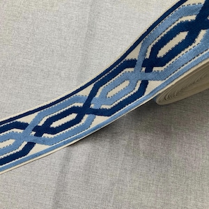 Sample Swatch Only 7&quot; Long Woven Fabric Trim with Raised Velvet 3.5&quot; wide, Cream, Navy & French Blue Upholstery / Drapery / Interior Design