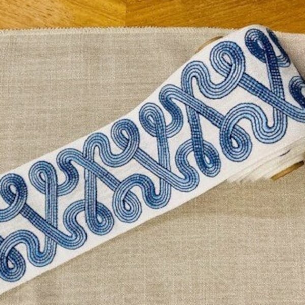 3" White & Blue High Quality Woven Embroidery Trim Tape H-013/1-46 Home furnishing / Interior Design / Upholstery / Drapery