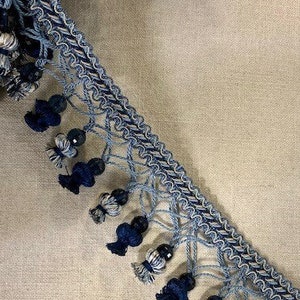 Navy, French Blue & Beige 3.75" Onion and Crystal French Tassel Fringe Trim TF-79/46-41 Upholstery / Interior Design / Embellishment