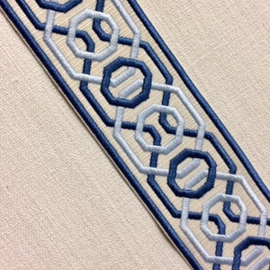 Cream & Colonial Blue Woven Embroidery Trim Tape 2.25" H-1151A-1 For Upholstery / Bedding / Drapery Panels / By The Yard