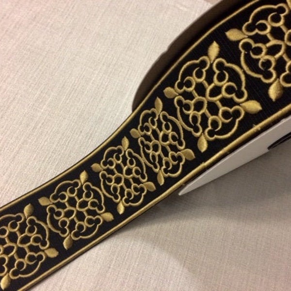 Black & Antique Gold High Quality Woven Embroidery Trim Tape 2.75" H-1151B-6 Upholstery / Bedding / Fabric Borders / By The Yard