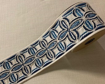 4" Wide Natural, Blue & Cream Woven Embroidery Trim Tape H-010 Upholstery / Drapery / Home Furnishing / Interior Design