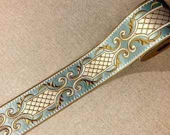 3.5" Turquoise, Champagne & Cream Silk French Embroidered Trim Tape H-179209 Upholstery / Drapery / Curtains / By the Yard