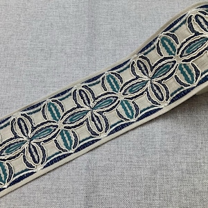 4&quot; Wide Taupe, Blue & Cream Woven Embroidery Trim Tape H-012 Upholstery / Drapery / Home Furnishing / Interior Design