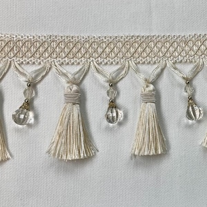 Creamy White Tassel Fringe Trim With Lucite Beads 4.25&quot; Width TF-69/1-2 Upholstery / Drapery / Interior Design / Home Furnishing / Handmade
