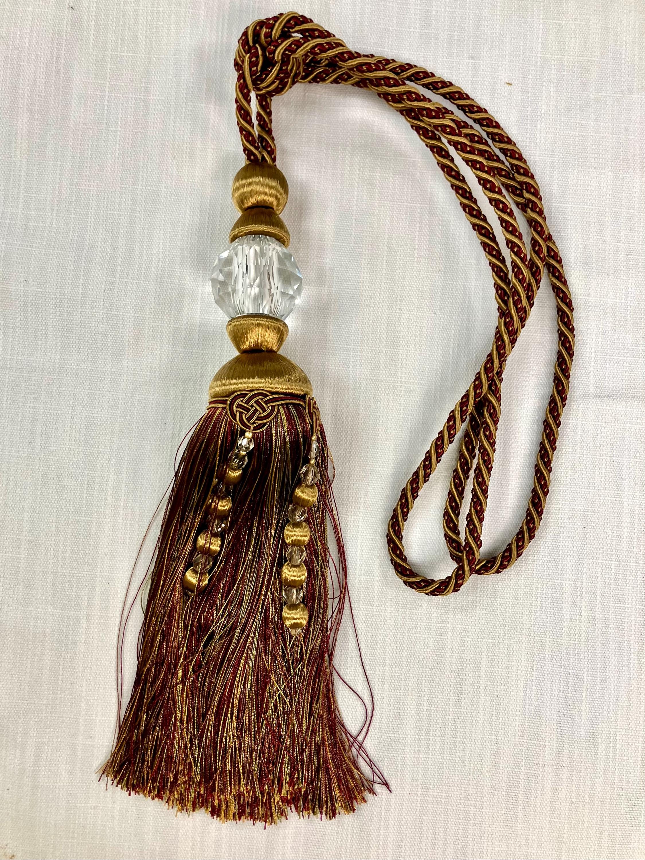 Cranberry, Ant. Gold & Green Single Tassel Curtain Tieback With Faceted Glass Crystal 14" Length SCTB-16/33-7-17 Drapery / Interior Design