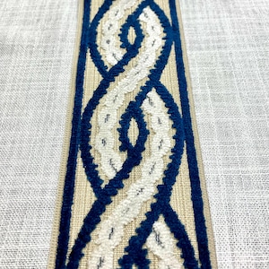 Natural, White & Navy Blue Woven Velvet Embroidery Trim Tape 3.5&quot; Width H-1113/4 Upholstery / Drapery / interior Design / Home Furnishing