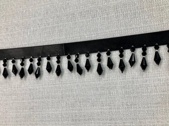 1.5 Inch Black & Silver Crystal Beaded Fringe Trim - Upholstery & Drapery Decor