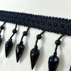 Black Lucite Crystal Beaded Fringe Trim 3.25&quot; Width TF-75/47 Drapery / Upholstery / home Furnishings / Interior Design / Handmade