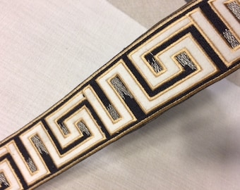Black, White & Tan High Quality Greek Key Woven Embroidery Trim Tape 2 1/8" H-1156A-1 Upholstery / Fabric Borders / Interior Design / Drapes
