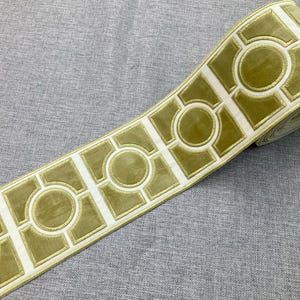 Creamy White & Pear Green Suede Woven Embroidery Fabric Tape H-17936 4&quot; Width Trim Upholstery Drapery Interior Design Home Furnishing