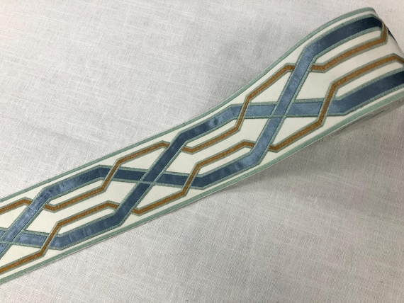 Cream, Aqua & Colonial Blue Woven Suede Embroidery Trim Tape 3.75" Width H-17955 Upholstery / Drapery / Interior Design / Home Furnishing