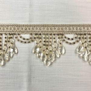 Cream Lucite Crystal Beaded Tassel Fringe Trim 4.25&quot; Width TF-78/2 Upholstery / Drapery / Home Furnishing / Interior Design / Handmade
