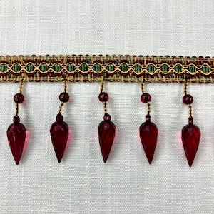 Cranberry / Green / Gold Lucite Crystal Beaded Fringe Trim 3.25&quot; Width TF-75/33-12-17 Upholstery / home Furnishing / Interior Design